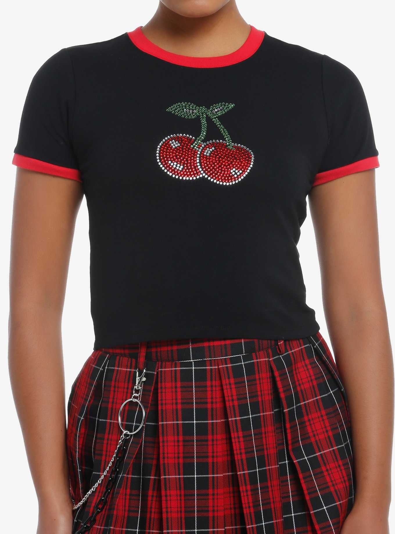 Social Collision Rhinestone Cherries Girls Crop Ringer T-Shirt, , hi-res