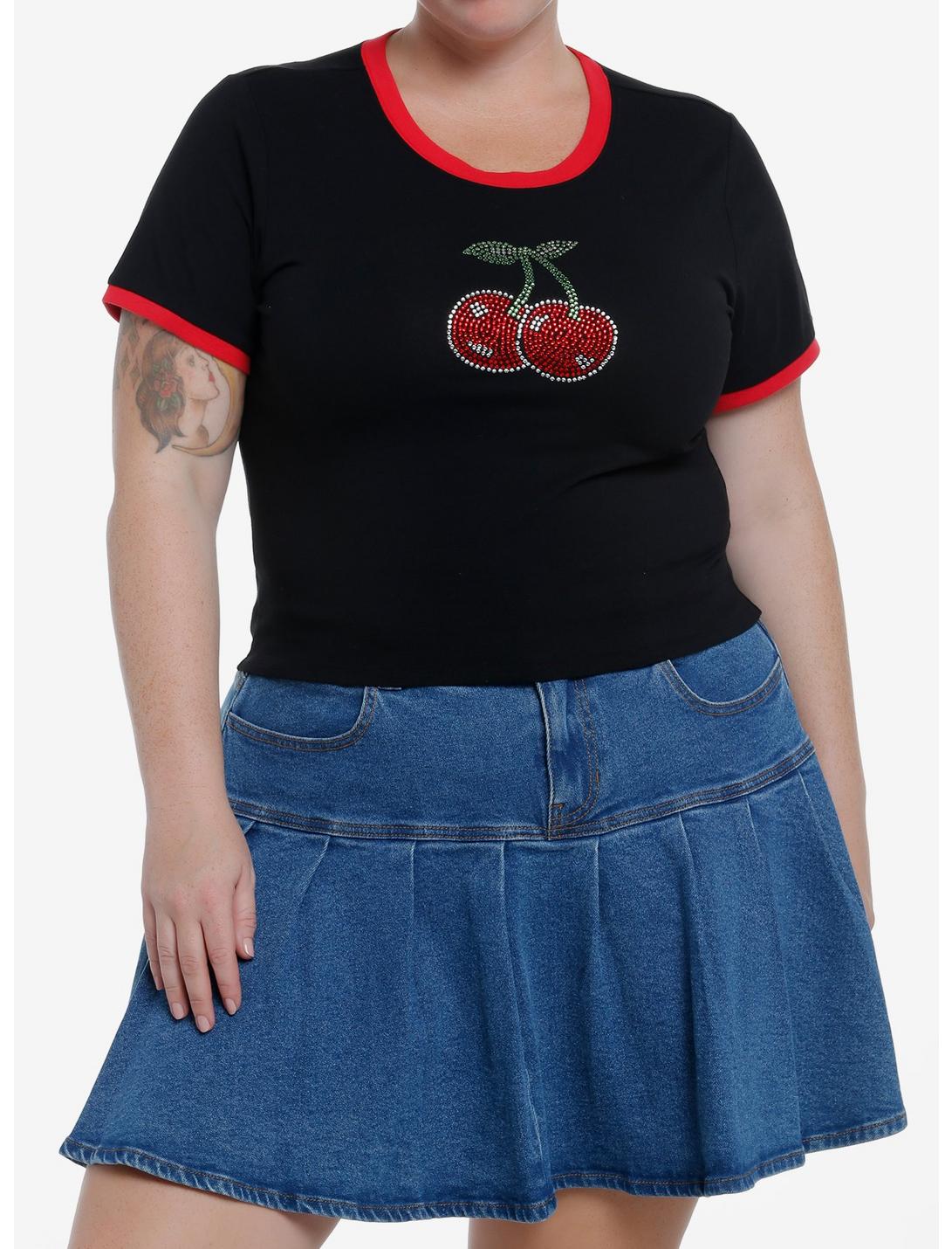 Social Collision Rhinestone Cherries Girls Crop Ringer T-Shirt Plus Size, RED, hi-res