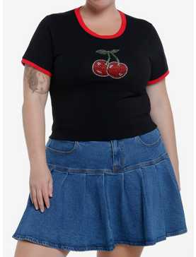 Social Collision Rhinestone Cherries Girls Crop Ringer T-Shirt Plus Size, , hi-res