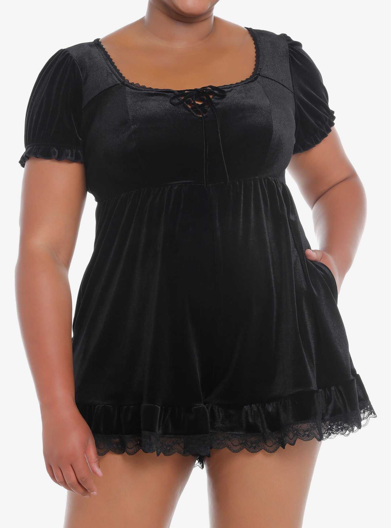 Black Velvet Lace Romper Plus Size, , hi-res