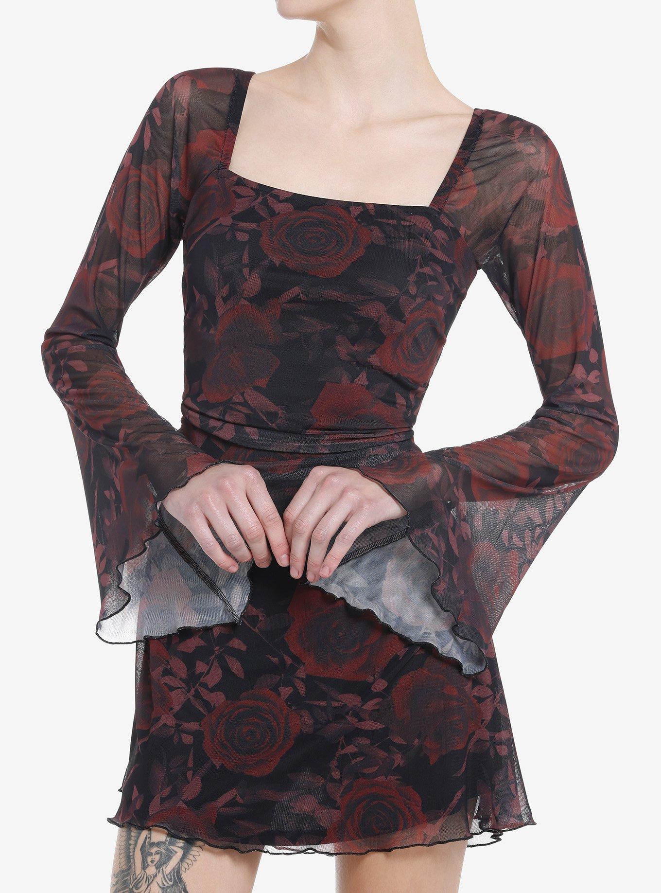 Cosmic Aura Dark Rose Bell Sleeve Dress, RED, hi-res