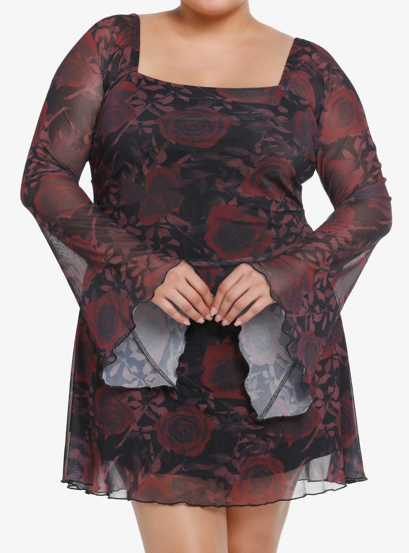 Cosmic Aura Dark Rose Bell Sleeve Dress Plus Size, , hi-res
