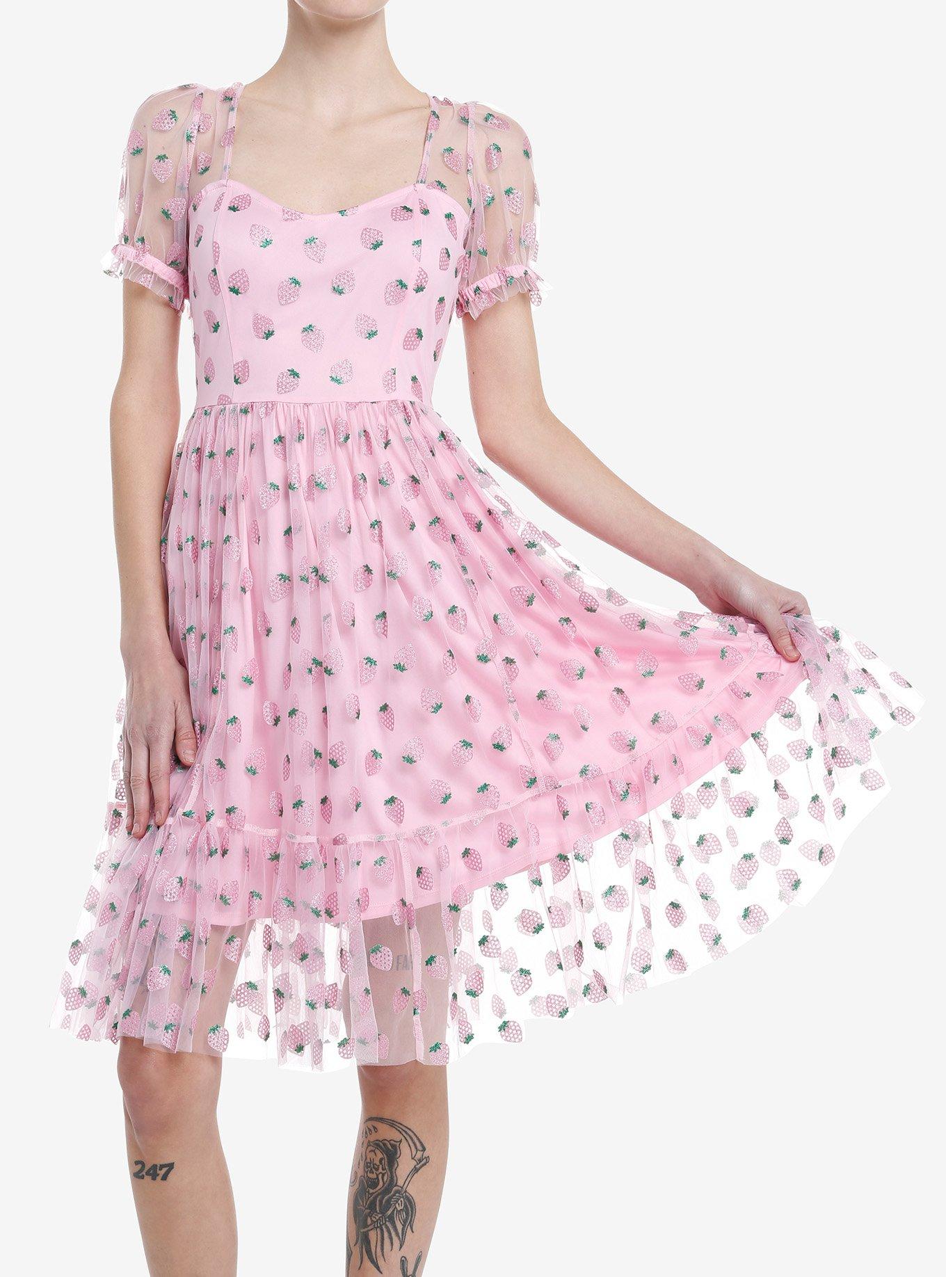 Sweet Society Pink Strawberries Mesh Puff Sleeve Dress, PINK, hi-res