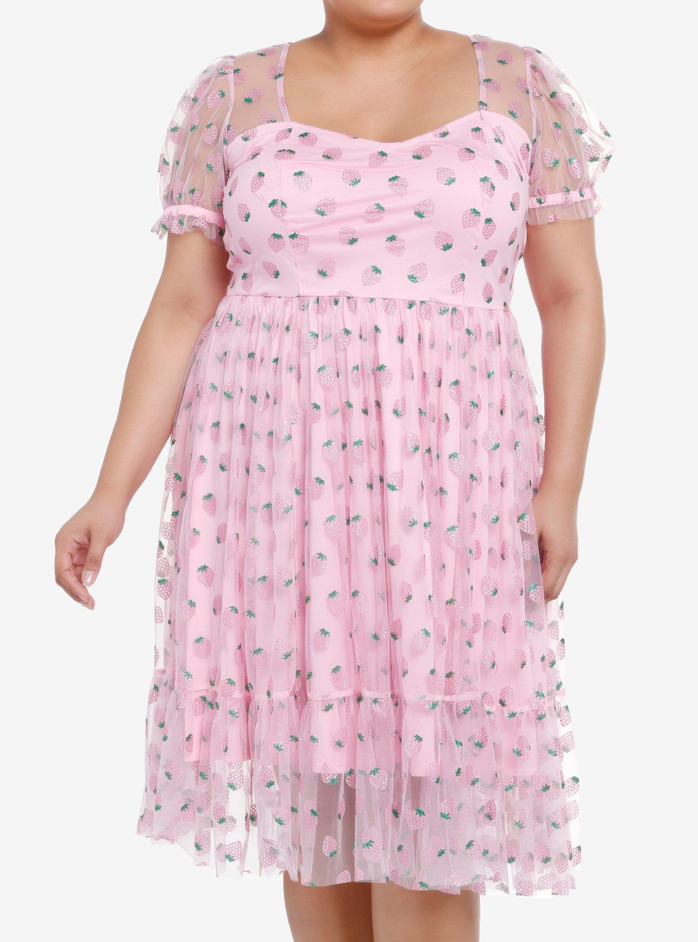 Sweet Society Pink Strawberries Mesh Puff Sleeve Dress Plus Size, PINK, hi-res