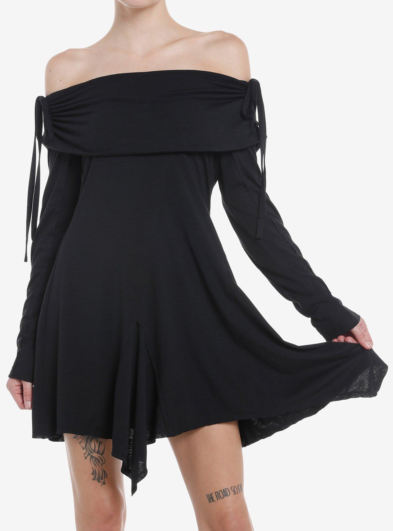 Thorn & Fable Black Hanky Hem Off-The-Shoulder Dress, BLACK, hi-res