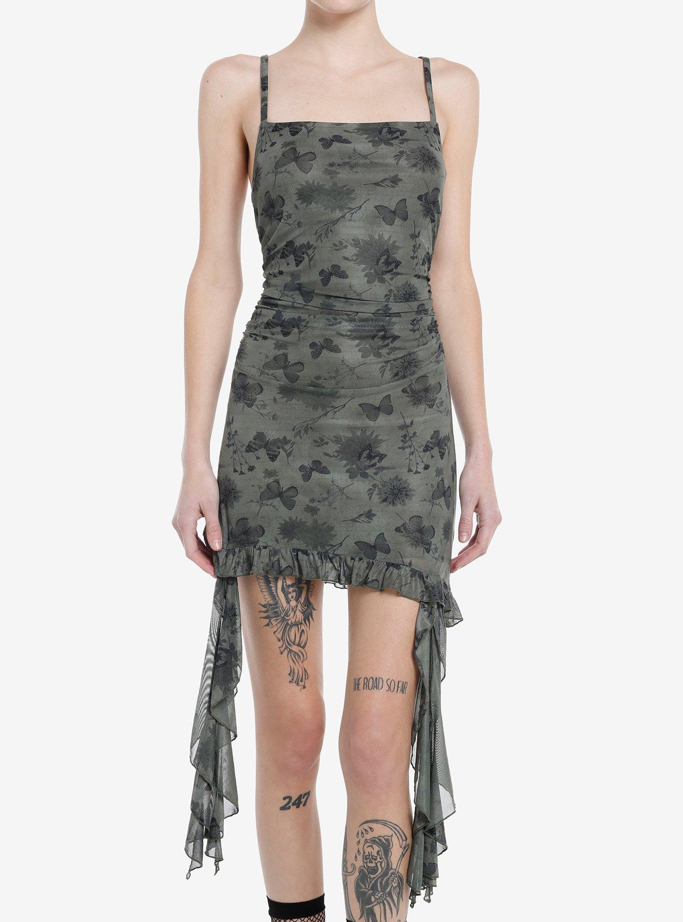 Green Butterflies & Flowers Asymmetrical Dress | Hot Topic