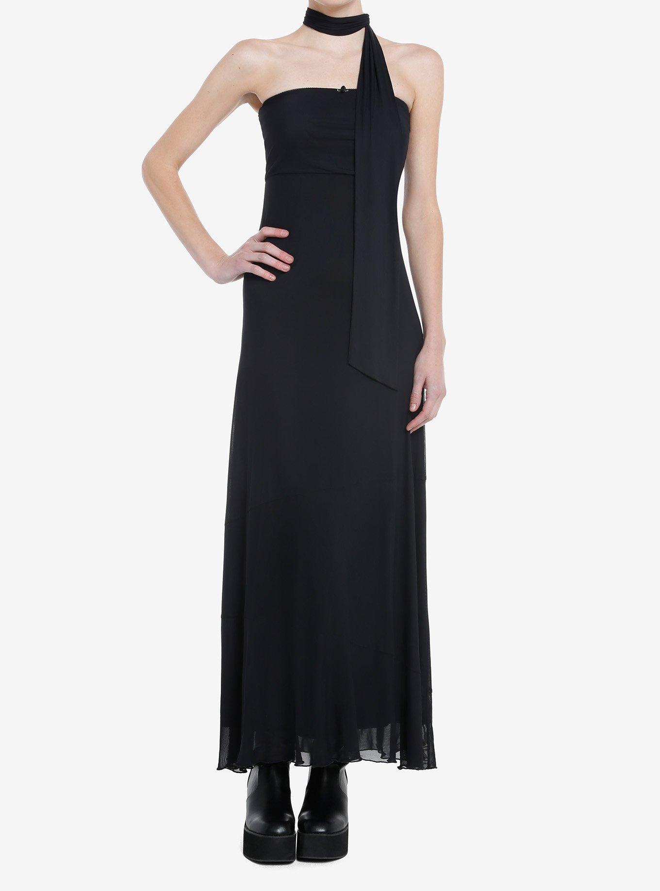 Cosmic Aura Black Neck Tie Strapless Maxi Dress, BLACK, hi-res
