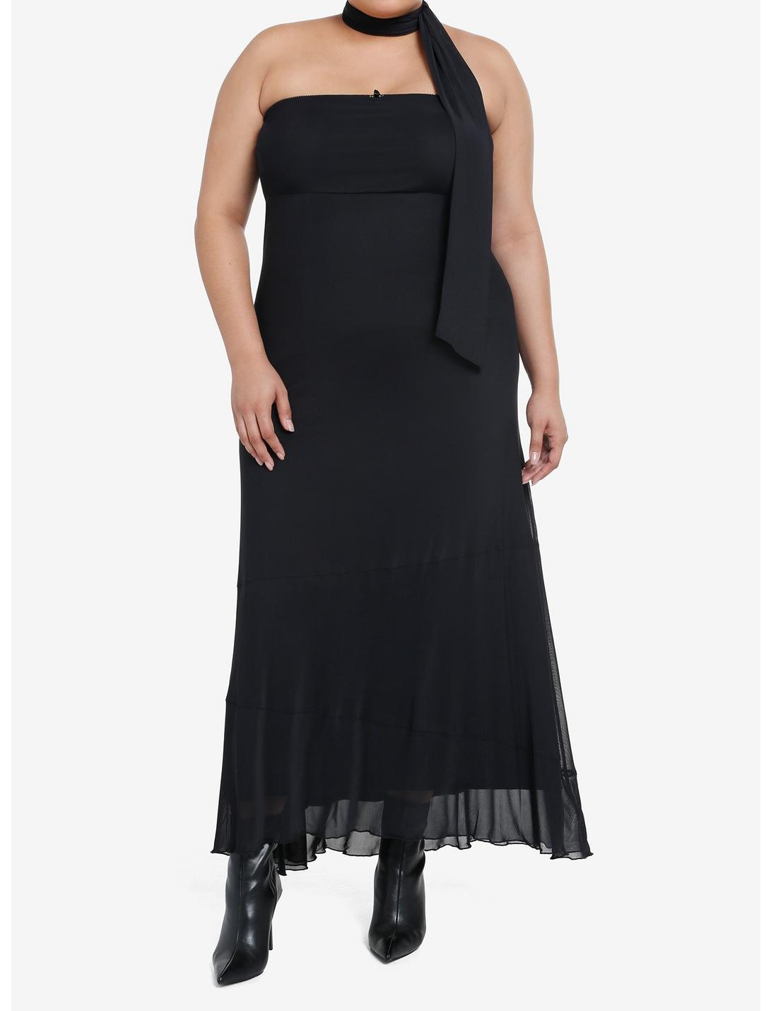 Cosmic Aura Black Neck Tie Strapless Maxi Dress Plus Size, BLACK, hi-res