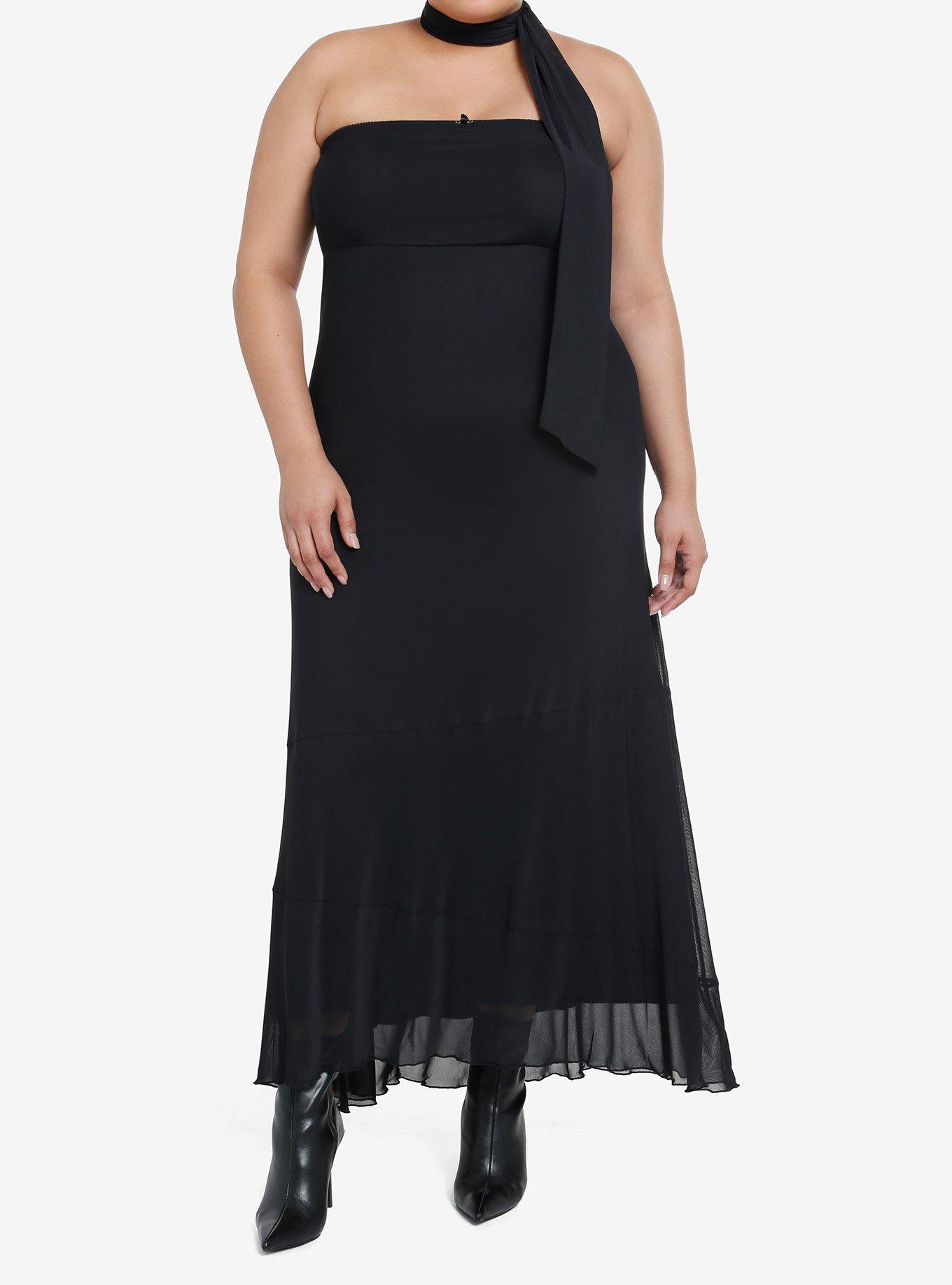 Cosmic Aura Black Neck Tie Strapless Maxi Dress Plus Size, BLACK, hi-res