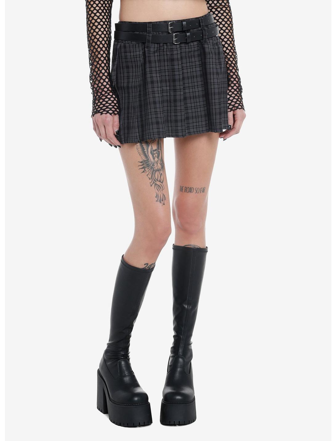 Grey Plaid Double-Belted Mini Skirt, GREY, hi-res
