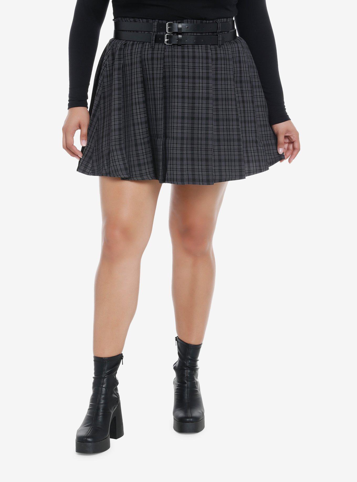 Grey Plaid Double-Belted Mini Skirt Plus Size, GREY, hi-res