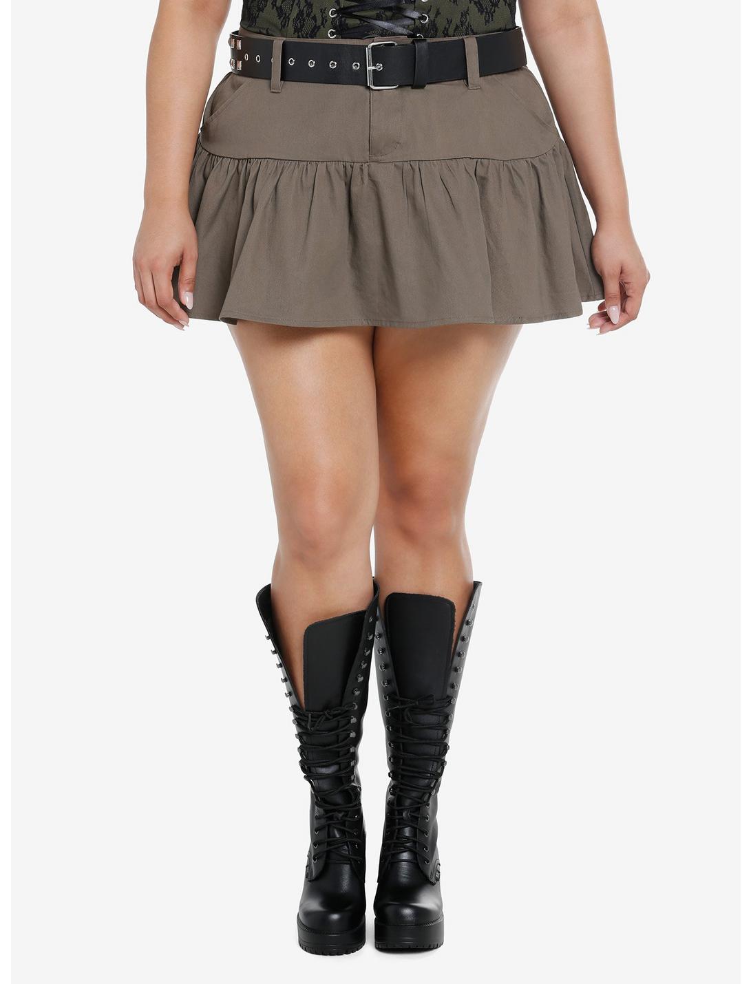 Light Brown Ruffle Mini Skirt With Studded Belt Plus Size, BLACK, hi-res