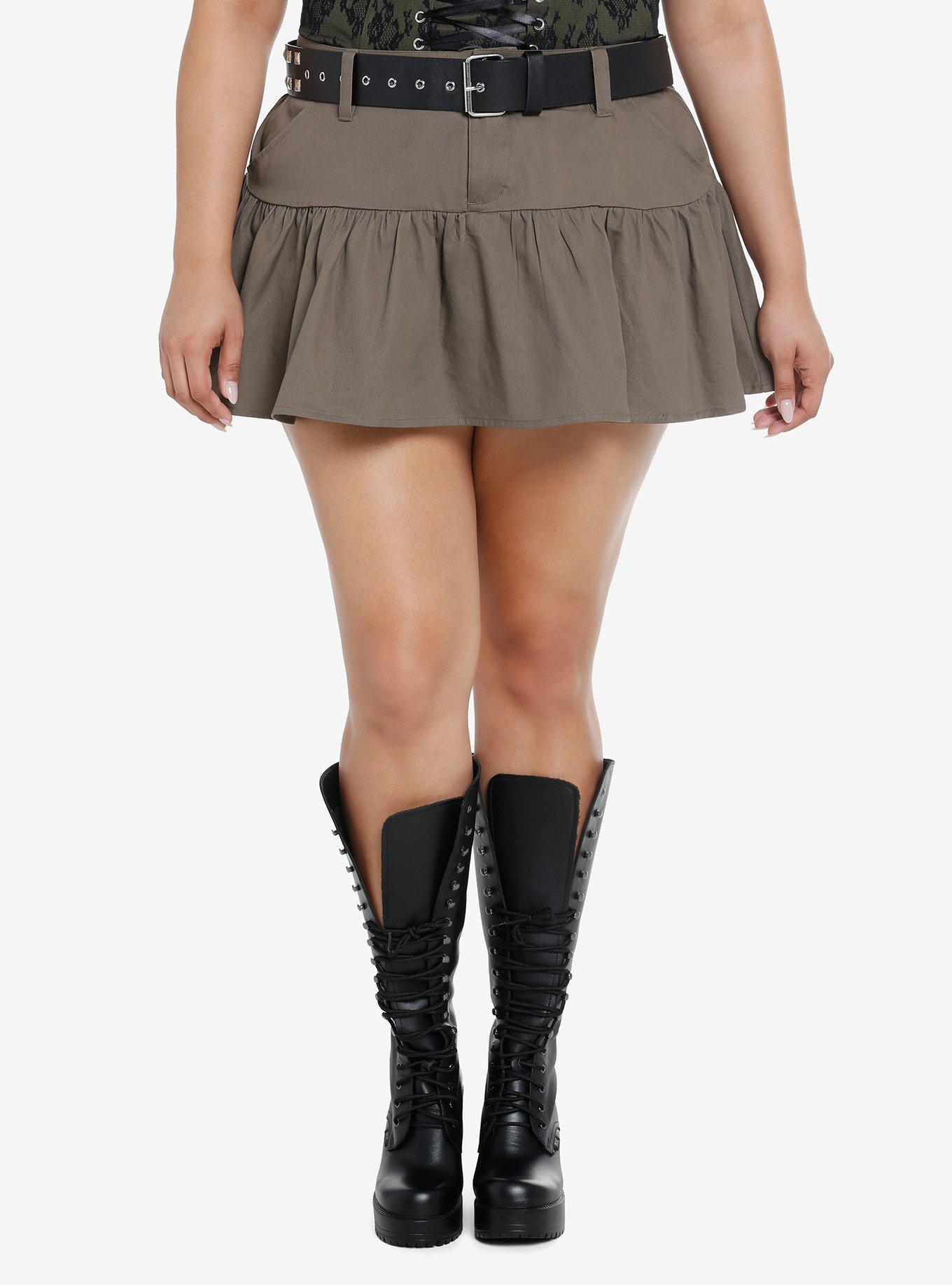 Light Brown Ruffle Mini Skirt With Studded Belt Plus Size, BLACK, hi-res