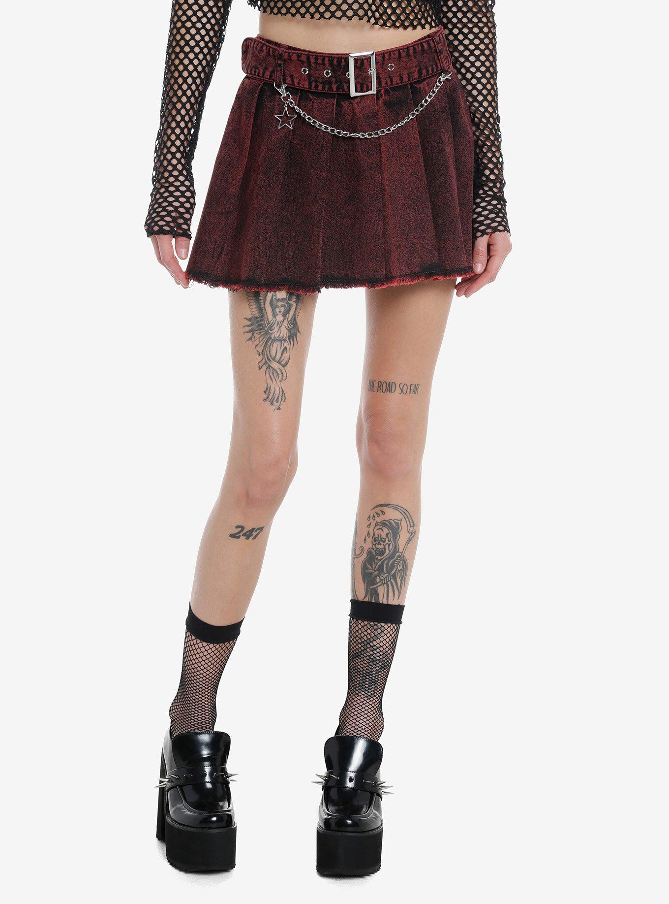 Social Collision Red Chain Pleated Denim Skirt, RED, hi-res