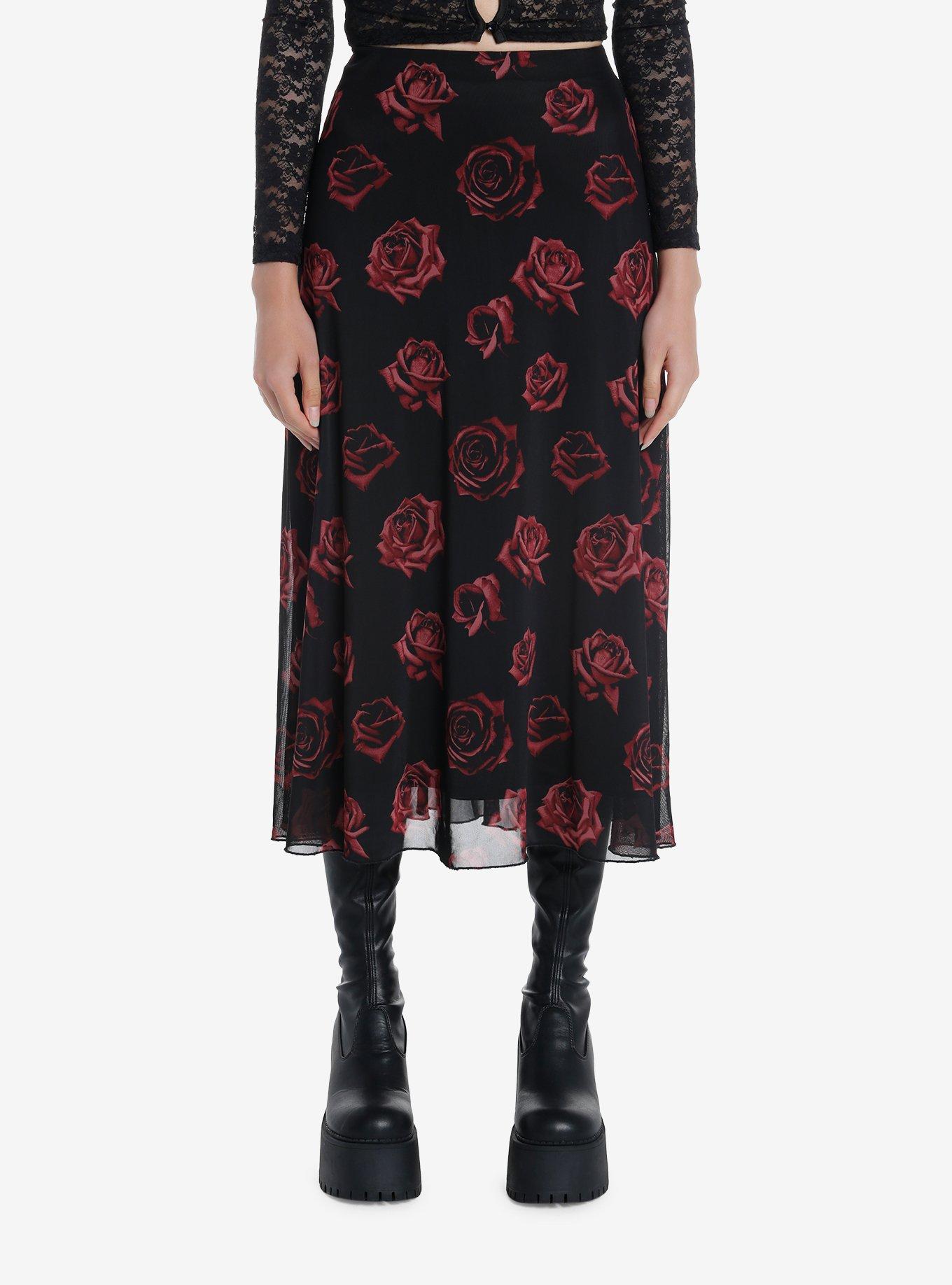 Cosmic Aura Red Rose Mesh Midi Skirt | Hot Topic