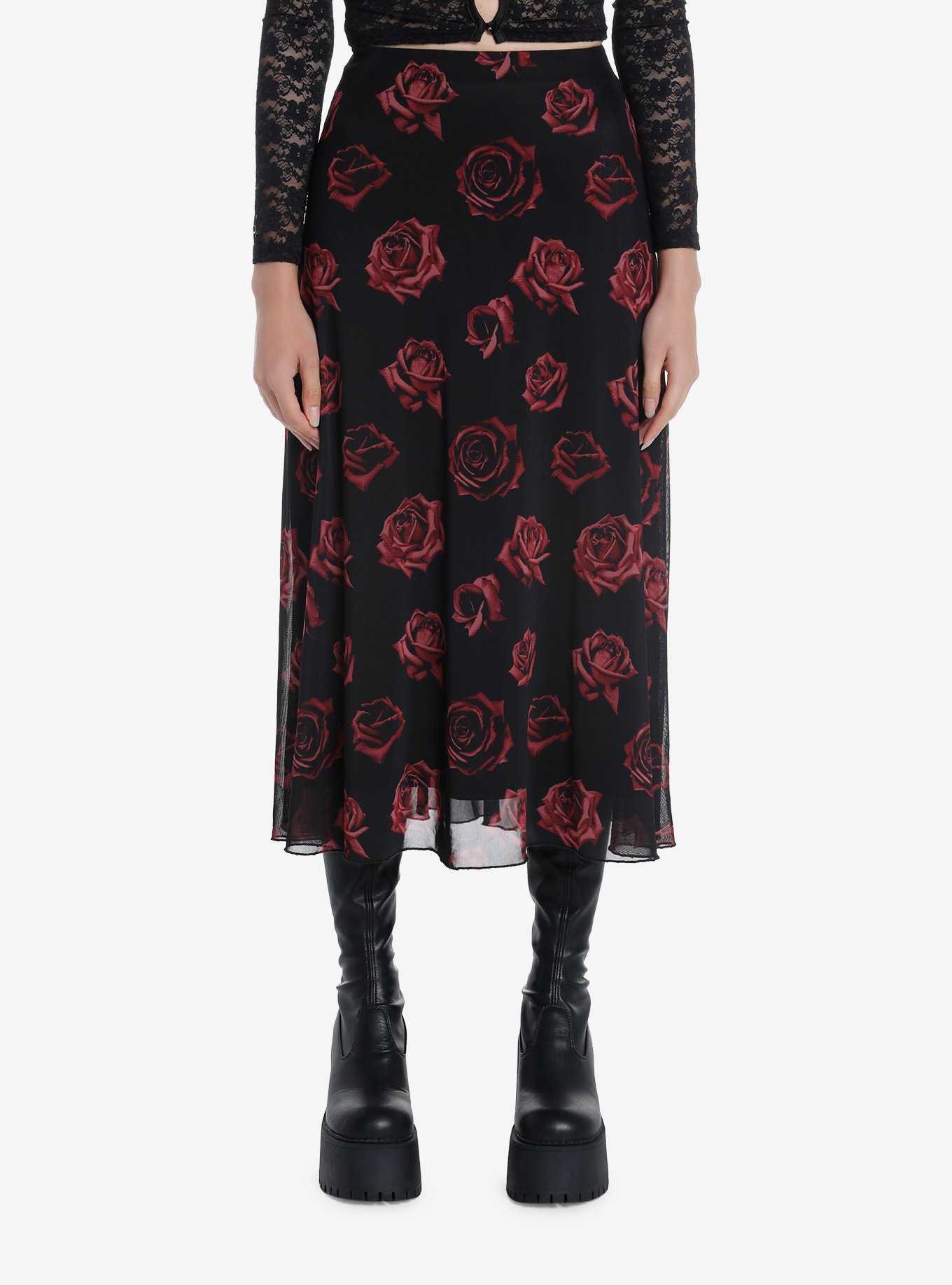 Cosmic Aura Red Rose Mesh Midi Skirt, , hi-res
