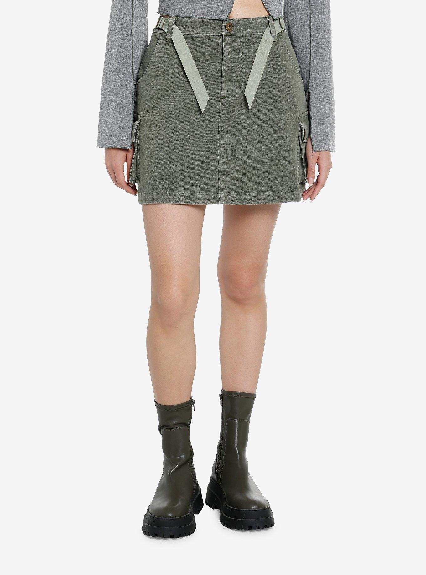 Army Green Hardware Strap Utility Skirt, GREEN, hi-res