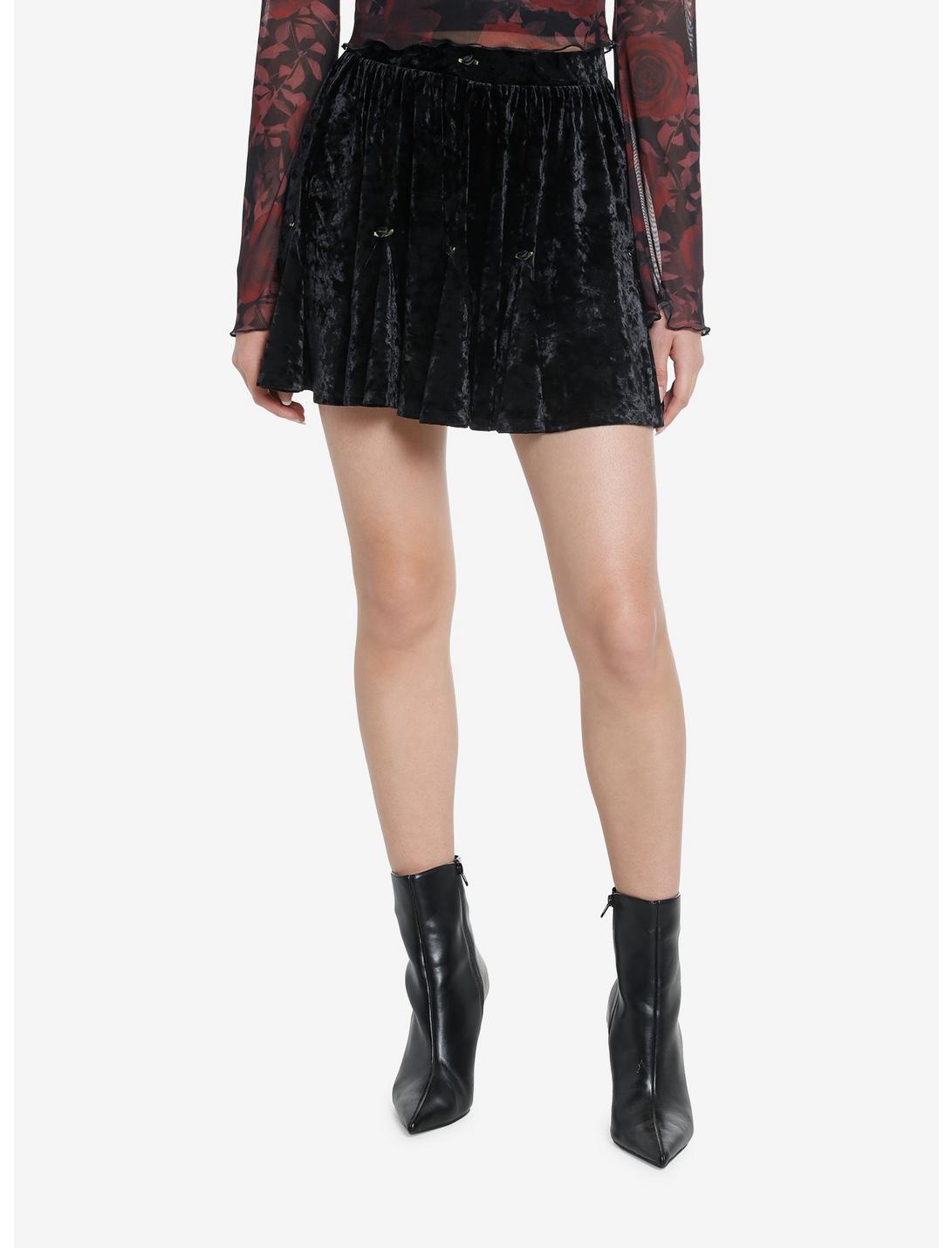 Cosmic Aura Black Velvet Rosette Godet Mini Skirt, BLACK, hi-res