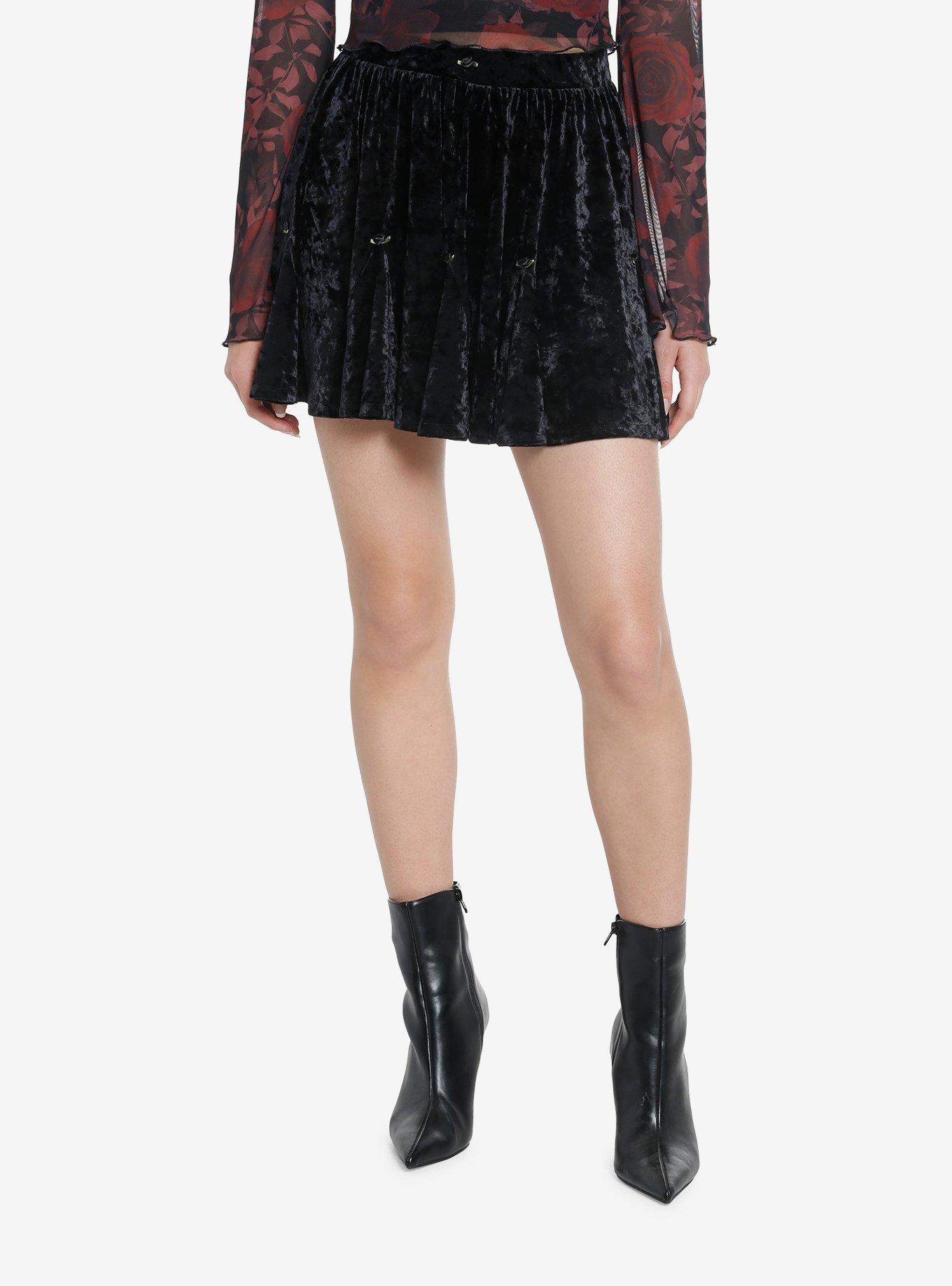 Cosmic Aura Black Velvet Rosette Godet Mini Skirt, BLACK, hi-res view 1