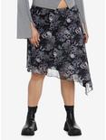 Thorn & Fable Skulls & Flowers Asymmetrical Midi Skirt Plus Size, PURPLE, hi-res