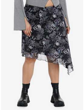 Thorn & Fable Skulls & Flowers Asymmetrical Midi Skirt Plus Size, , hi-res