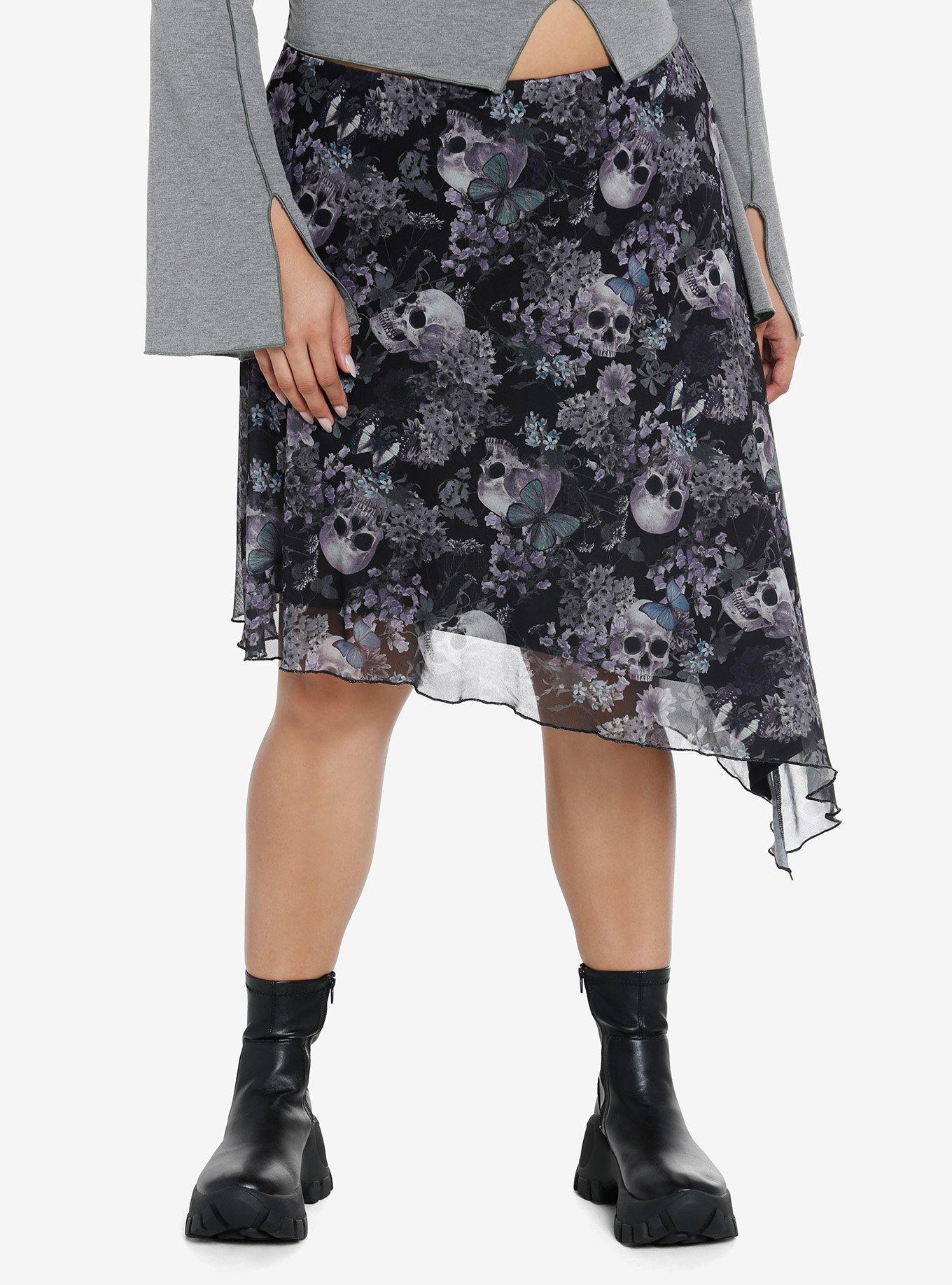 Thorn & Fable Skulls & Flowers Asymmetrical Midi Skirt Plus Size, PURPLE, hi-res