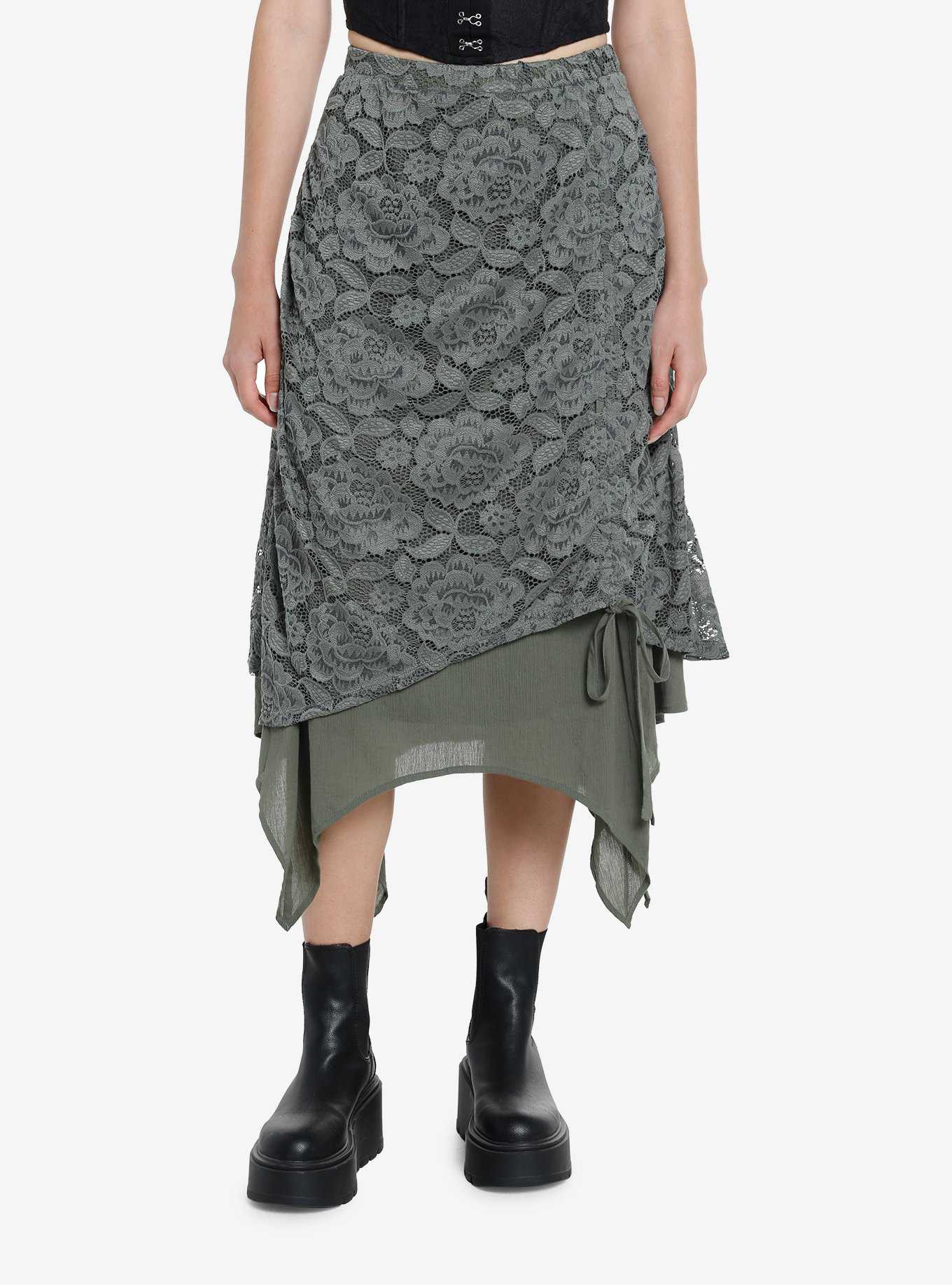 Thorn & Fable Green Lace Layered Ruched Midi Skirt, , hi-res