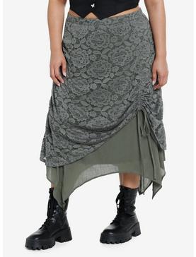 Thorn & Fable Green Lace Layered Ruched Midi Skirt Plus Size, , hi-res