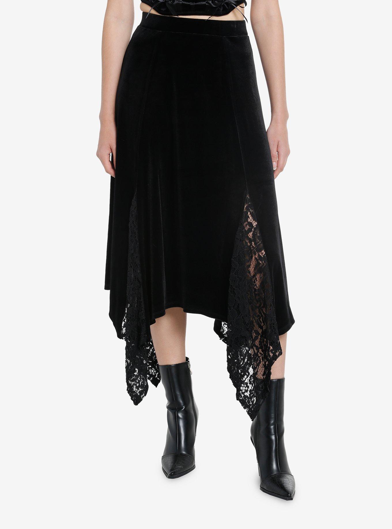 Black Velvet Lace Godet Midi Skirt, BLACK, hi-res