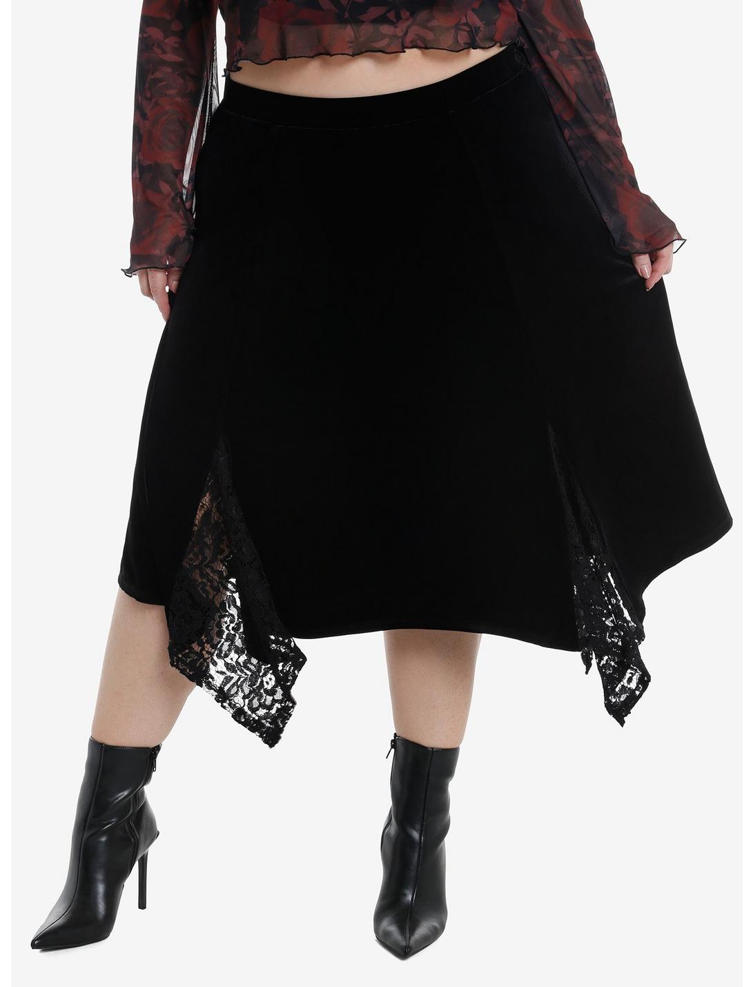 Black Velvet Lace Godet Midi Skirt Plus Size, BLACK, hi-res