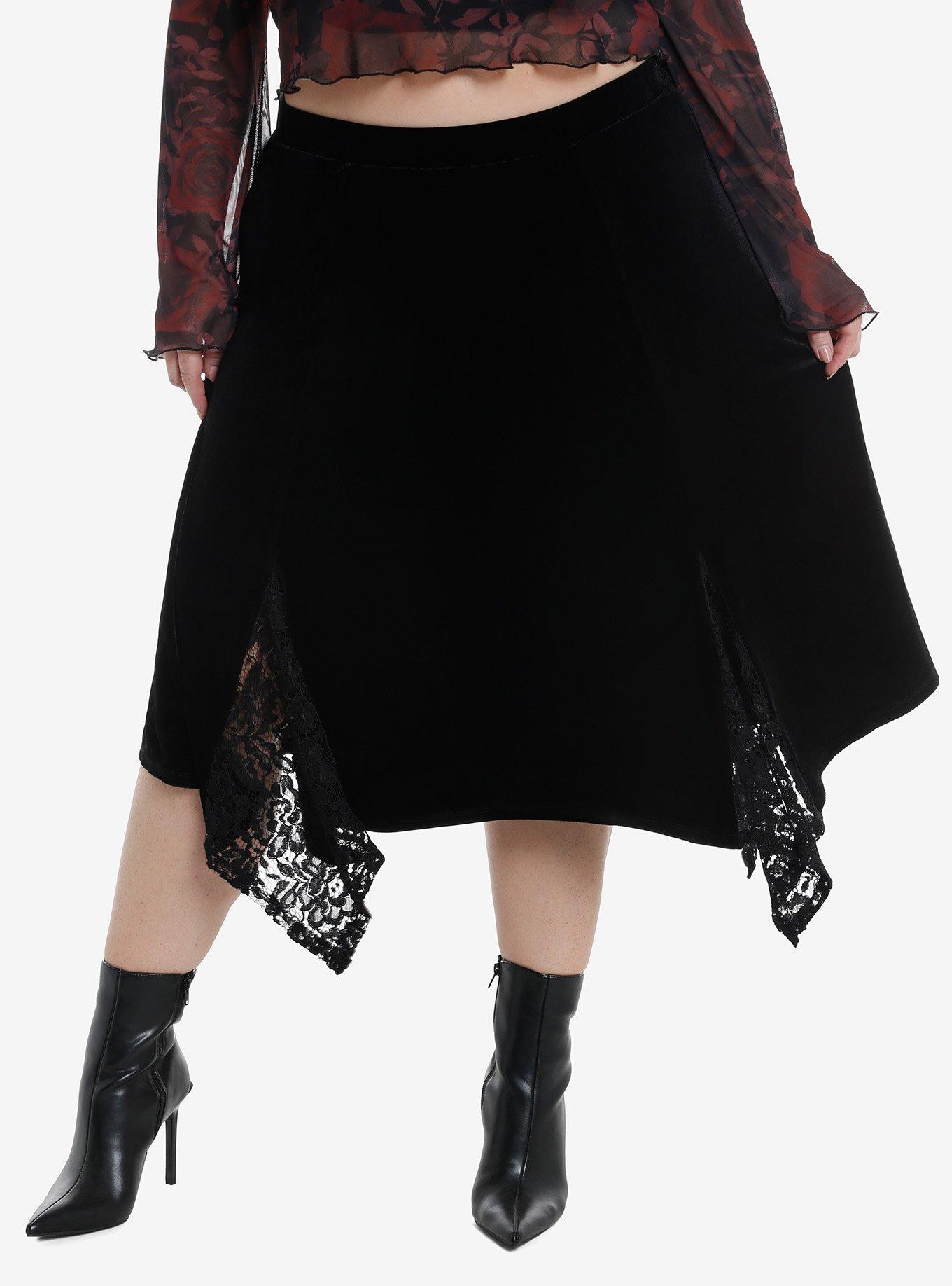 Black Velvet Lace Godet Midi Skirt Plus Size, , hi-res