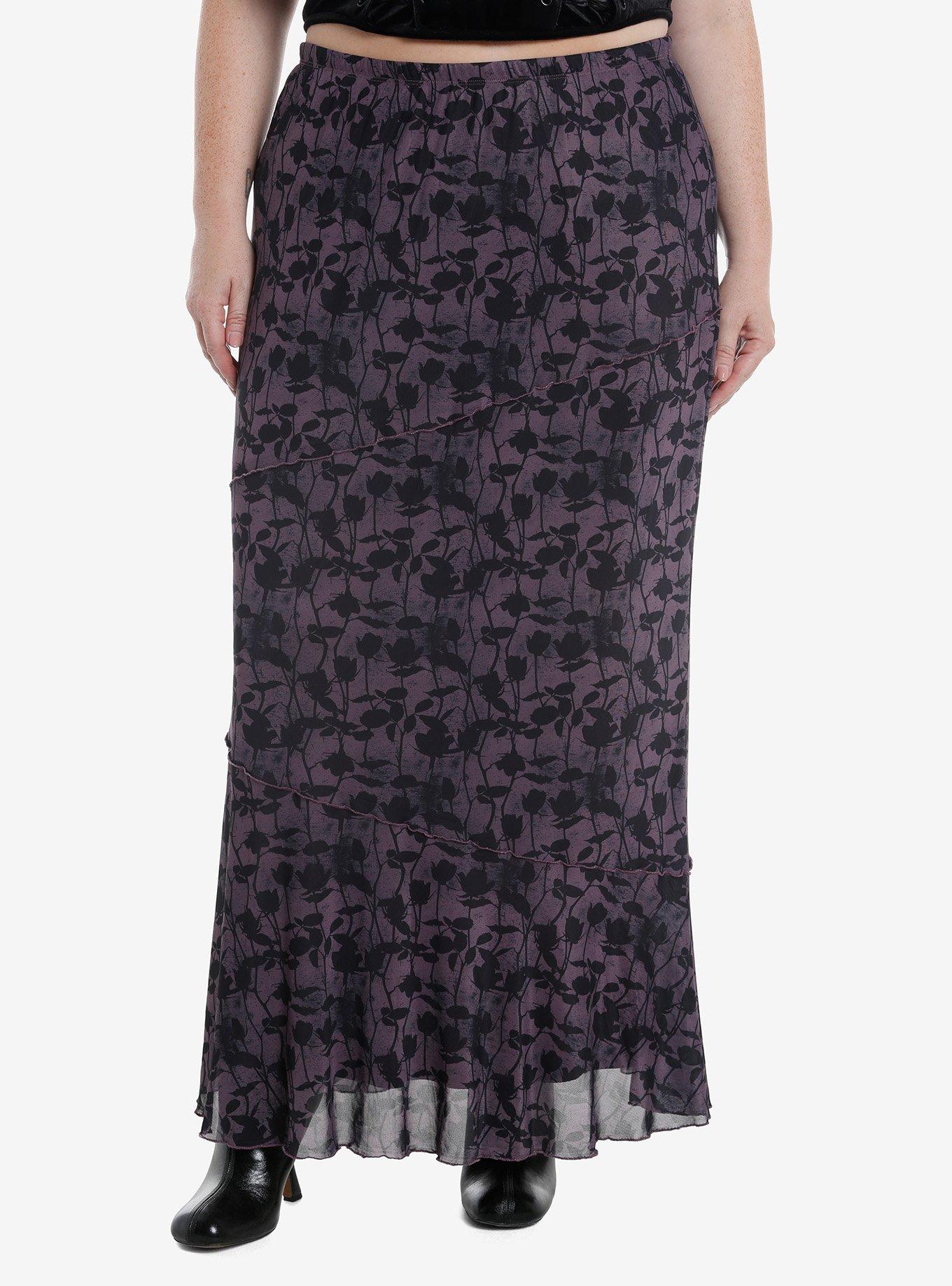 Cosmic Aura Purple & Black Roses Mesh Maxi Skirt Plus