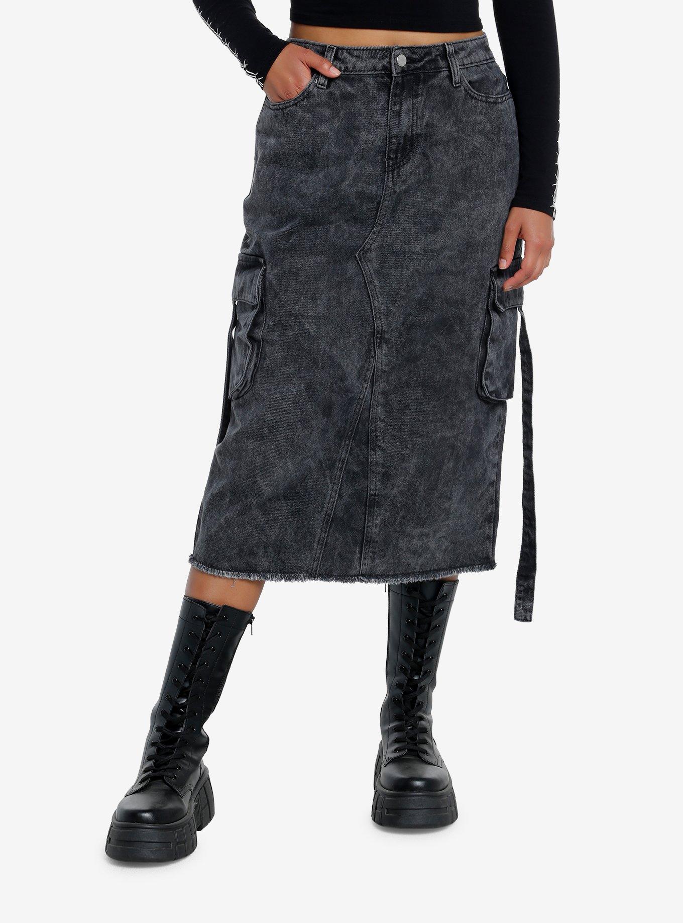 Black Acid Wash Cargo Denim Maxi Skirt, GREY, hi-res