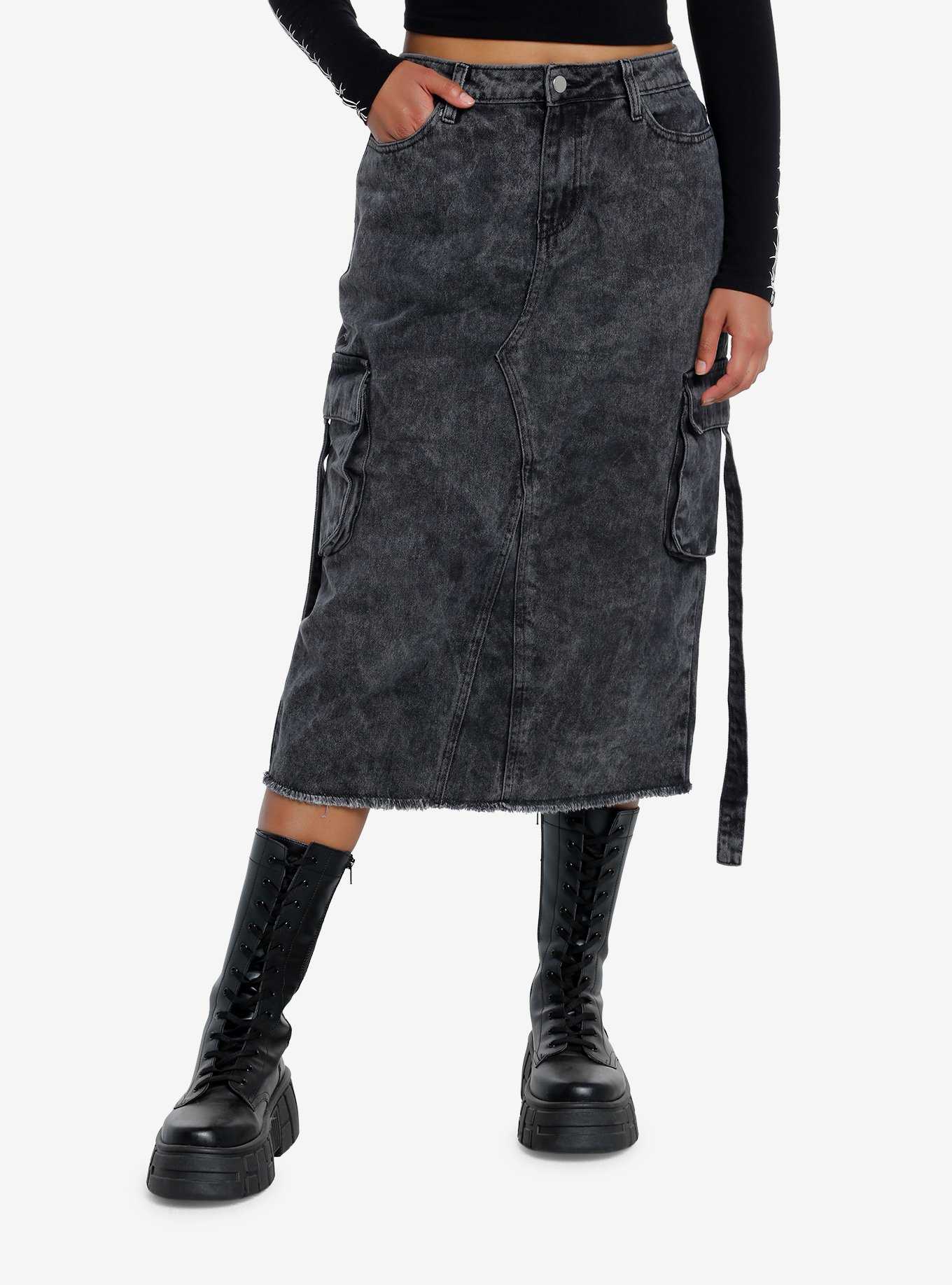 Black Acid Wash Cargo Denim Maxi Skirt, , hi-res
