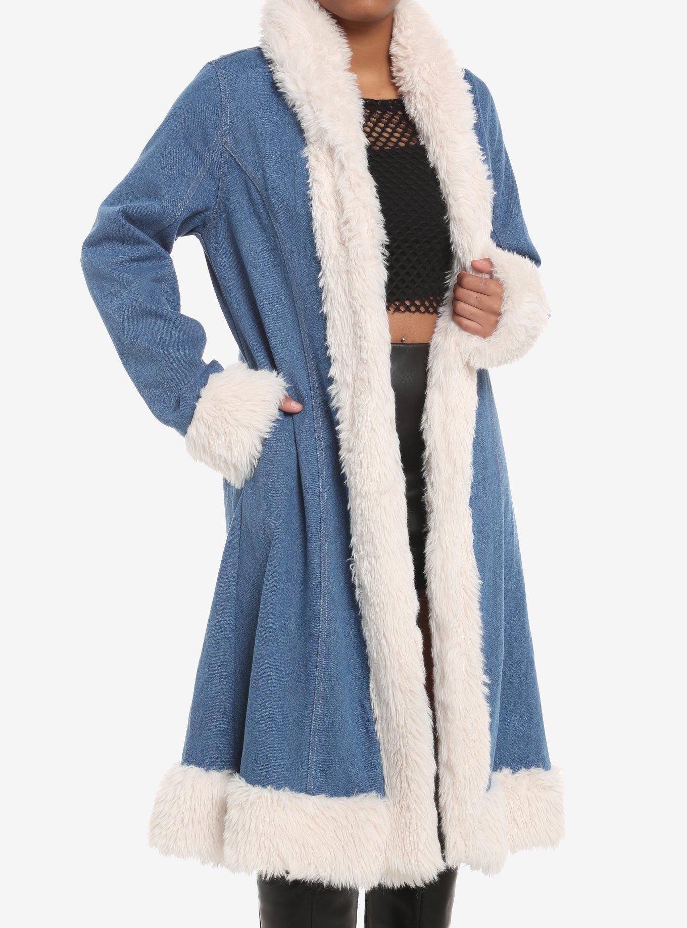 Social Collision Denim Fur Trim Girls Long Coat | Hot Topic