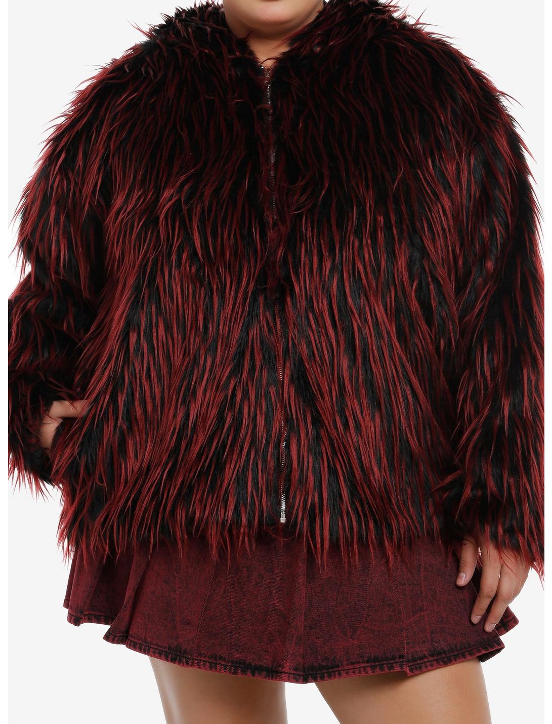 Social Collision Red & Black Faux Fur Girls Hoodie Plus Size, BLACK, hi-res