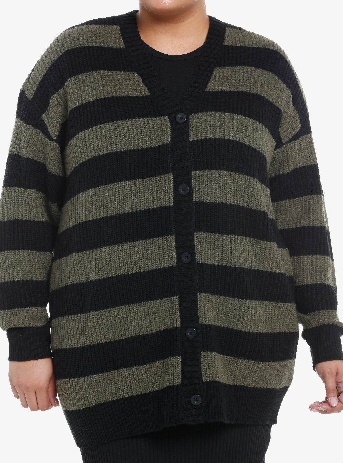 Black & Olive Stripe Girls Oversized Cardigan Plus Size, OLIVE, hi-res