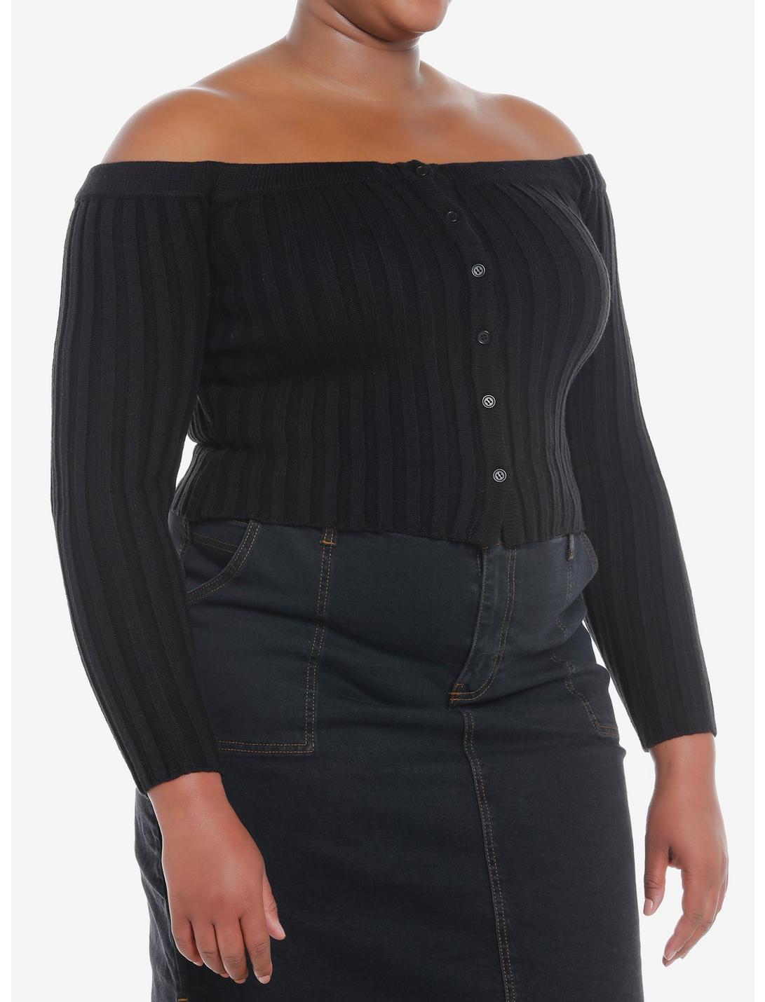 Social Collision Black Off-The-Shoulder Girls Knit Sweater Plus Size, BLACK, hi-res