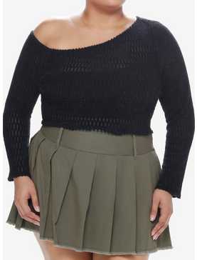 Social Collision Black Fuzzy Off-The-Shoulder Girls Sweater Plus Size, , hi-res