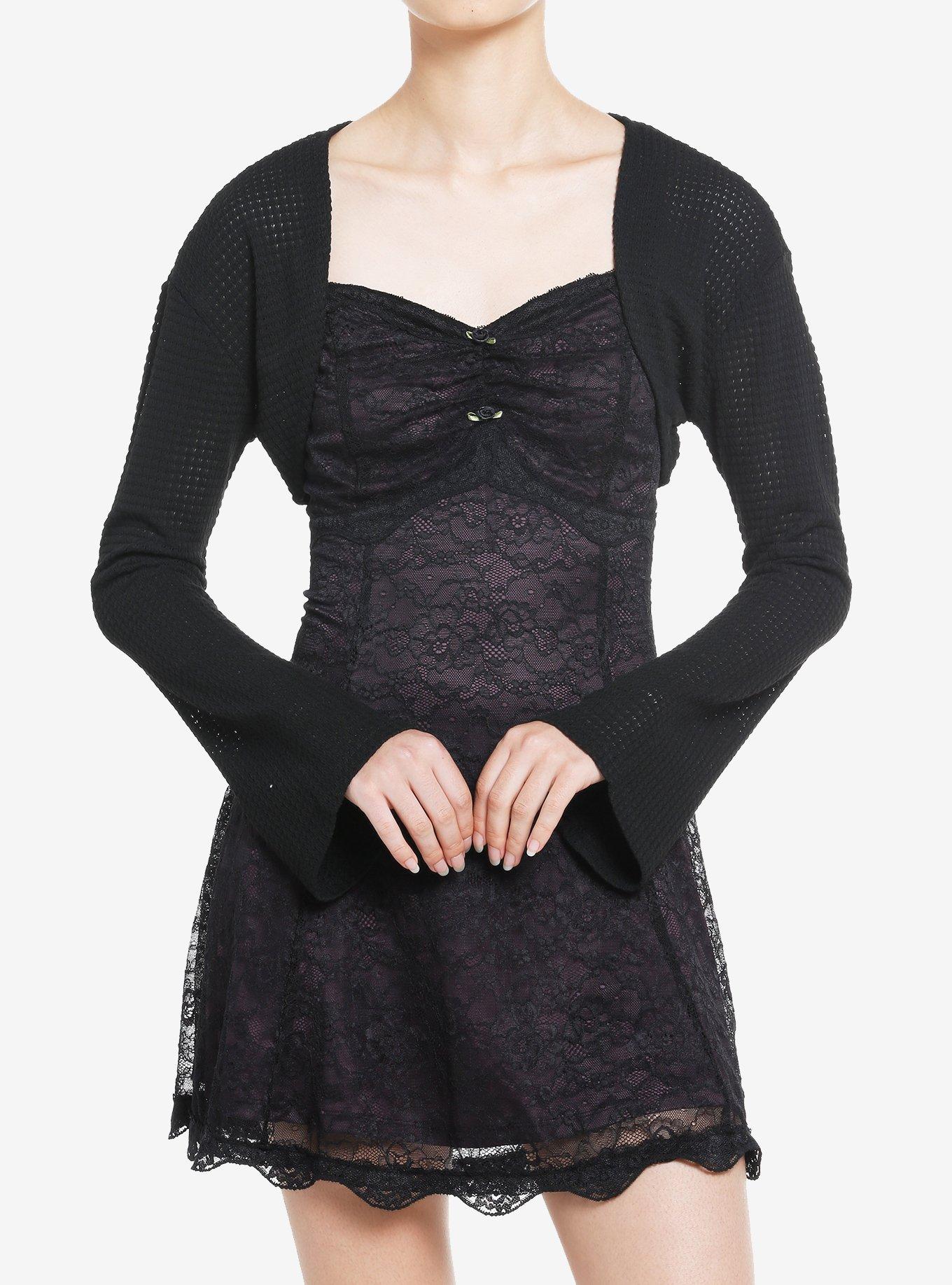 Black Waffle Knit Girls Shrug, BLACK, hi-res