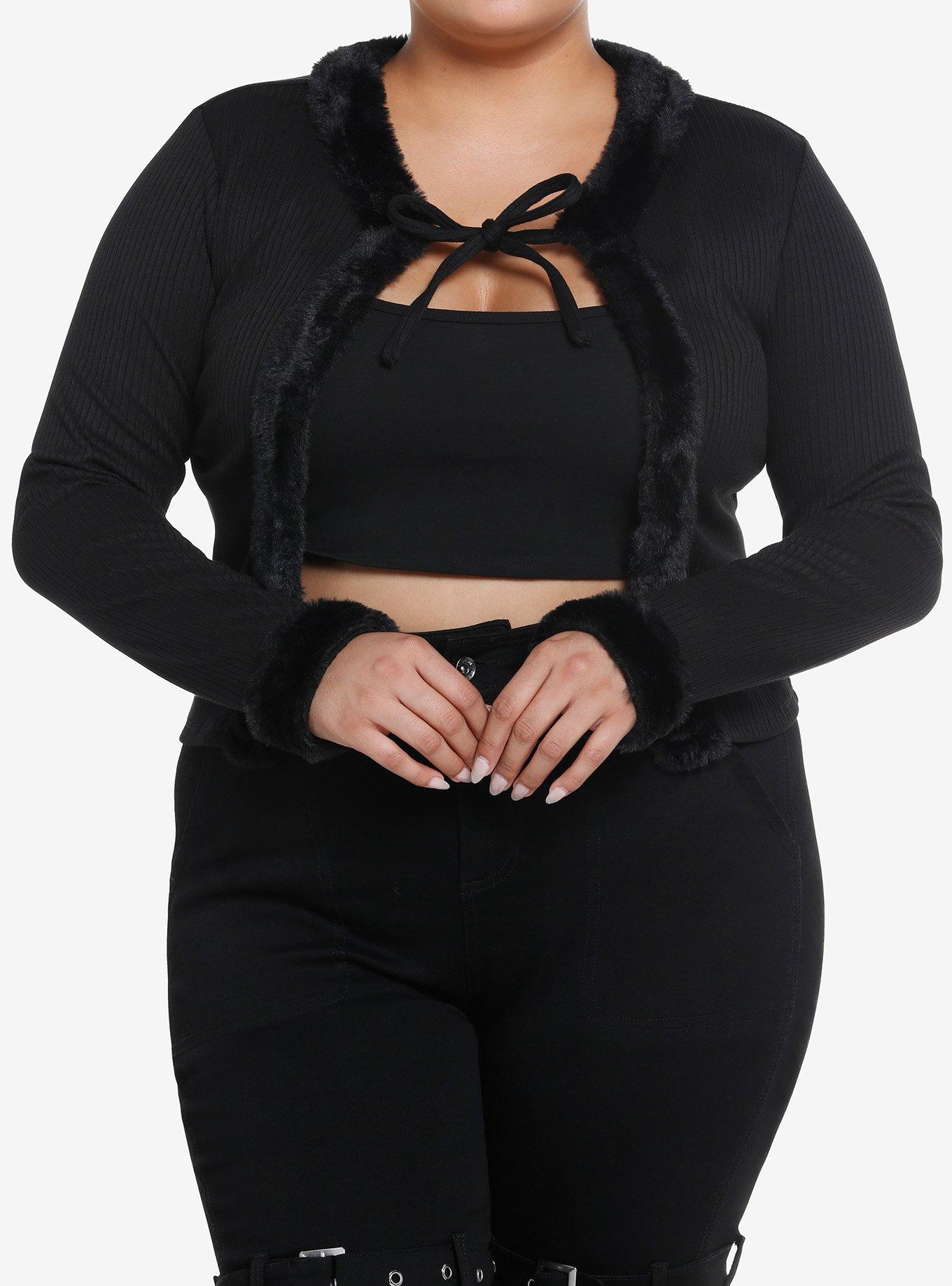 Social Collision Black Faux Fur Tie-Front Girls Cardigan Plus Size, , hi-res