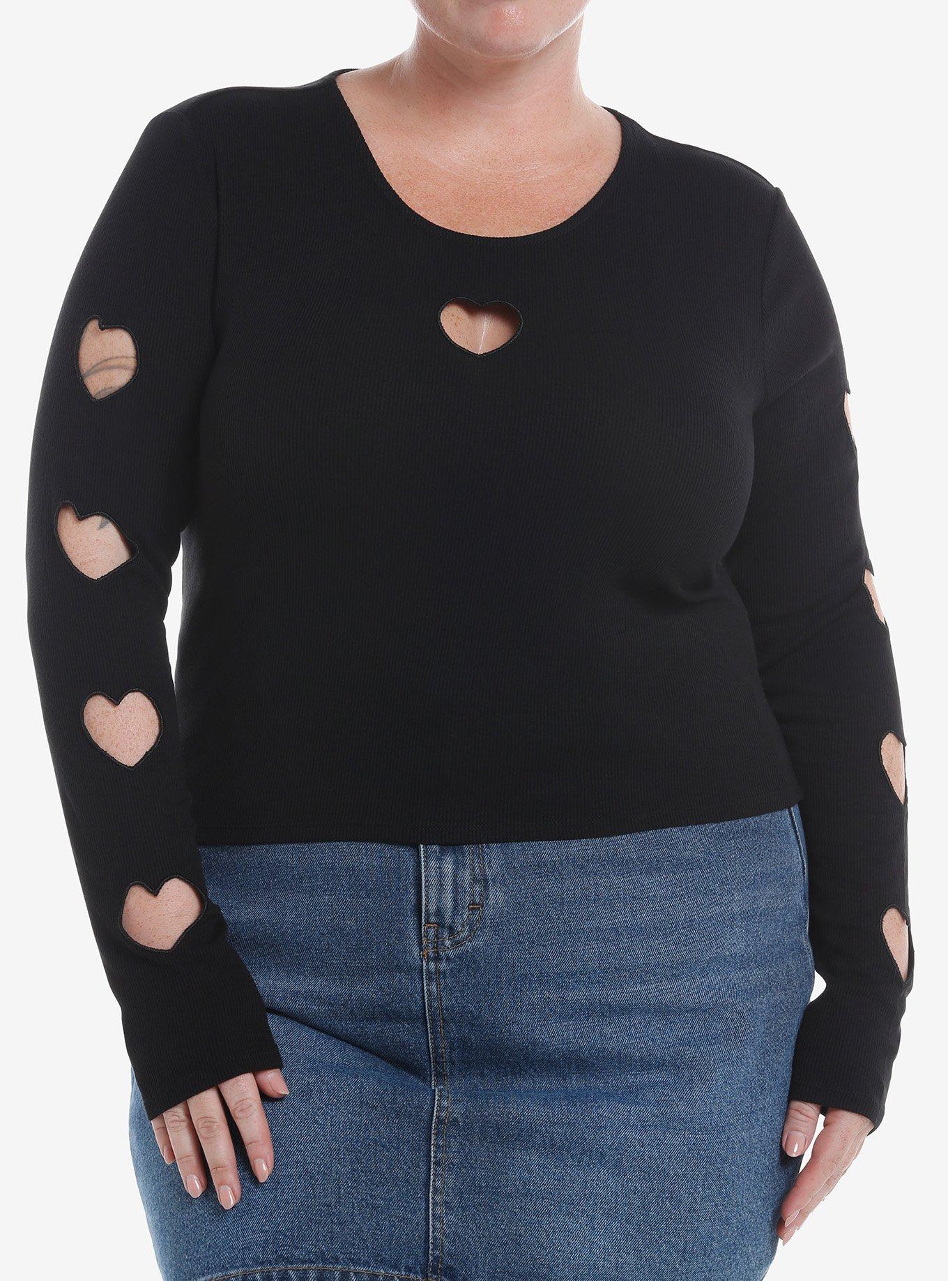 Black Hearts Cutout Girls Long-Sleeve Top Plus Size, , hi-res