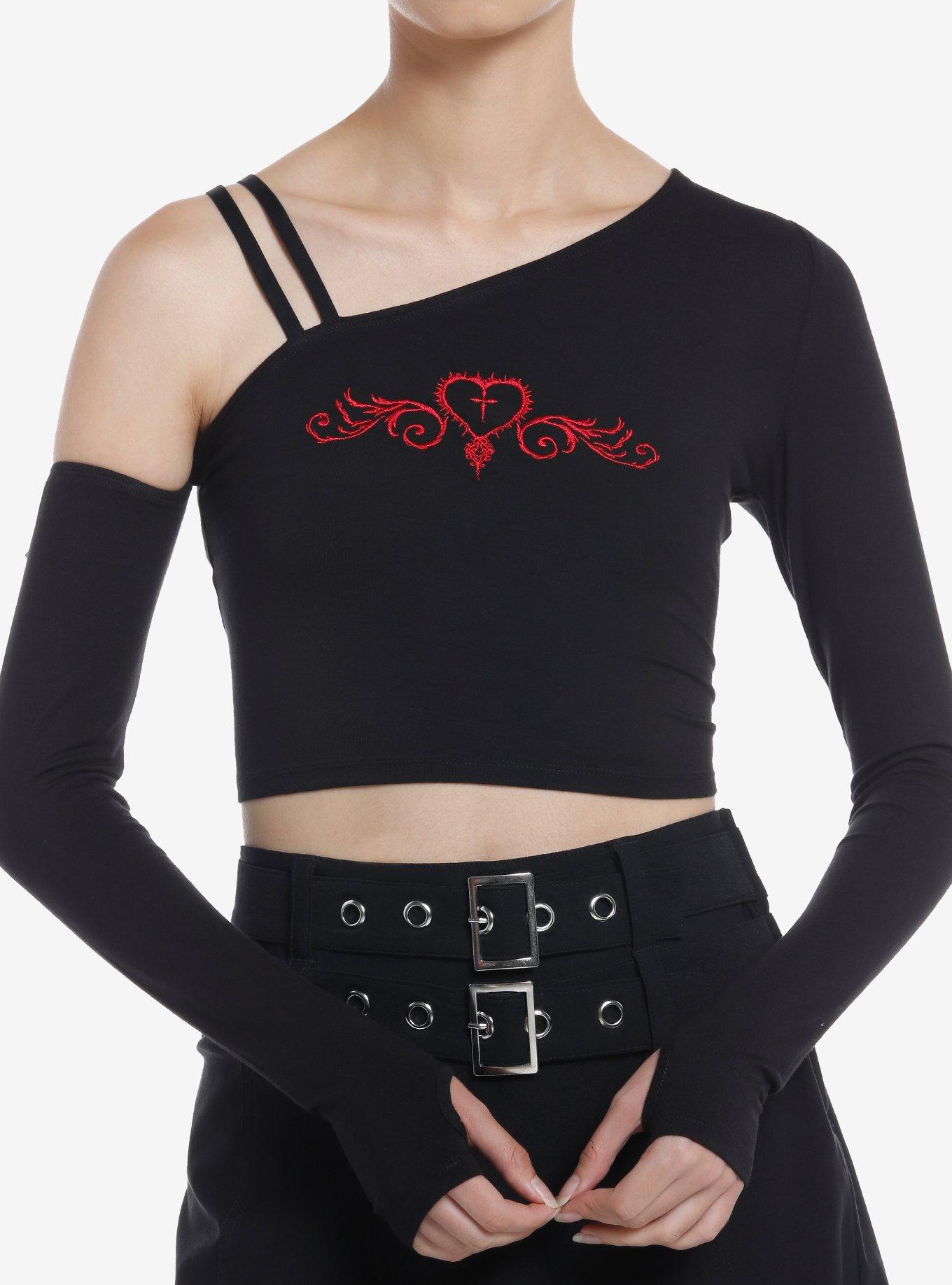 Social Collision Red Heart Off-Shoulder Girls Crop Long-Sleeve Top, , hi-res