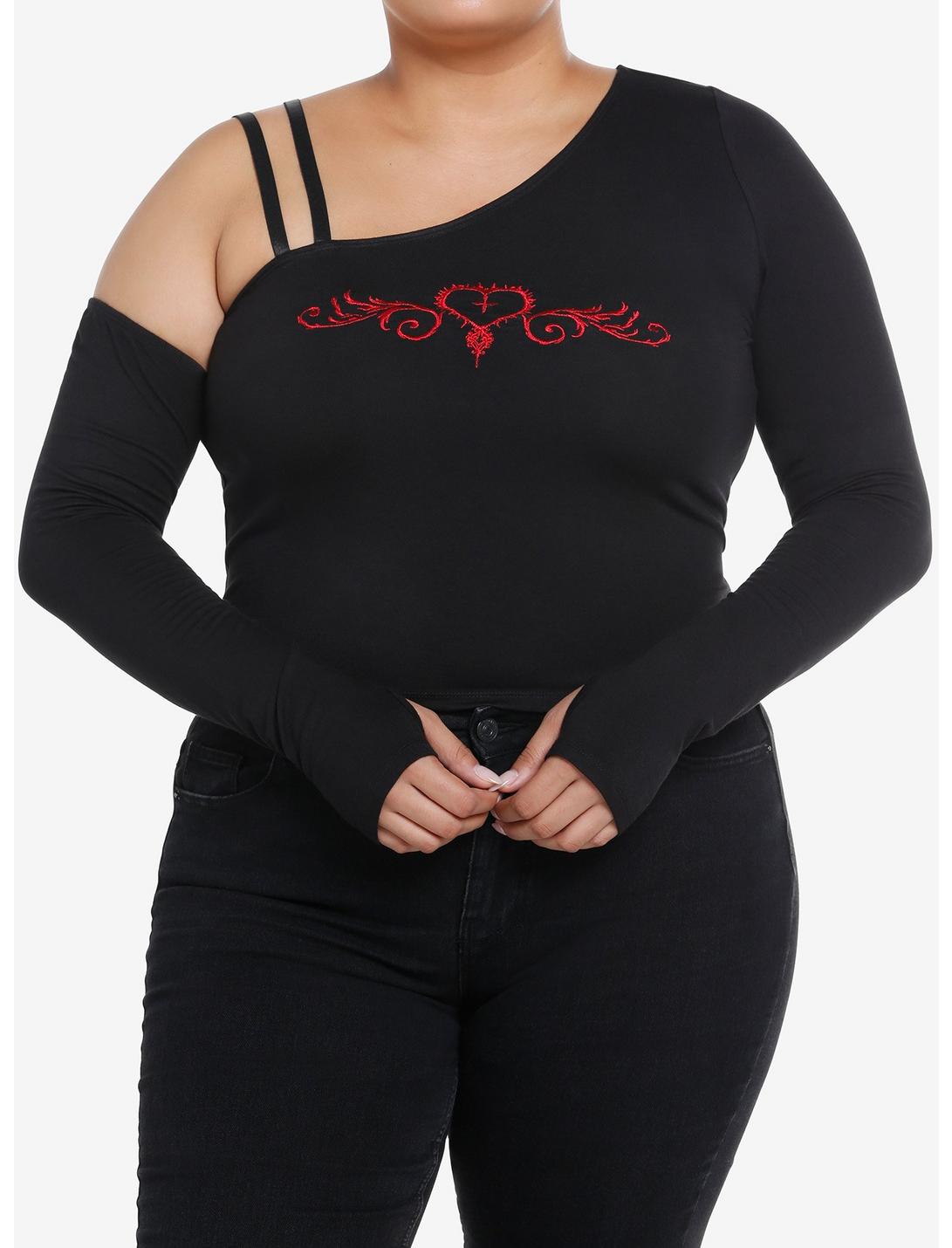 Social Collision Red Heart Off-Shoulder Girls Crop Long-Sleeve Top Plus Size, RED, hi-res