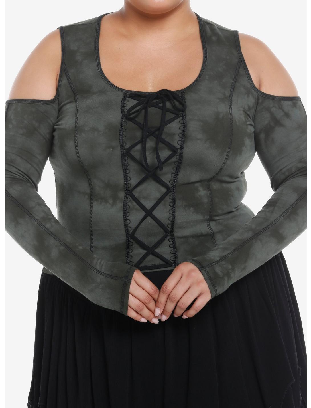 Thorn & Fable Dark Green Tie-Dye Lace-Up Girls Cold Shoulder Top Plus Size, GREEN, hi-res