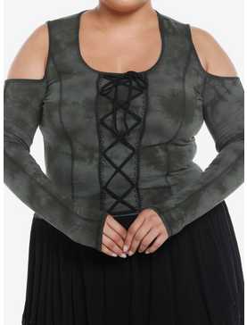Thorn & Fable Dark Green Tie-Dye Lace-Up Girls Cold Shoulder Top Plus Size, , hi-res