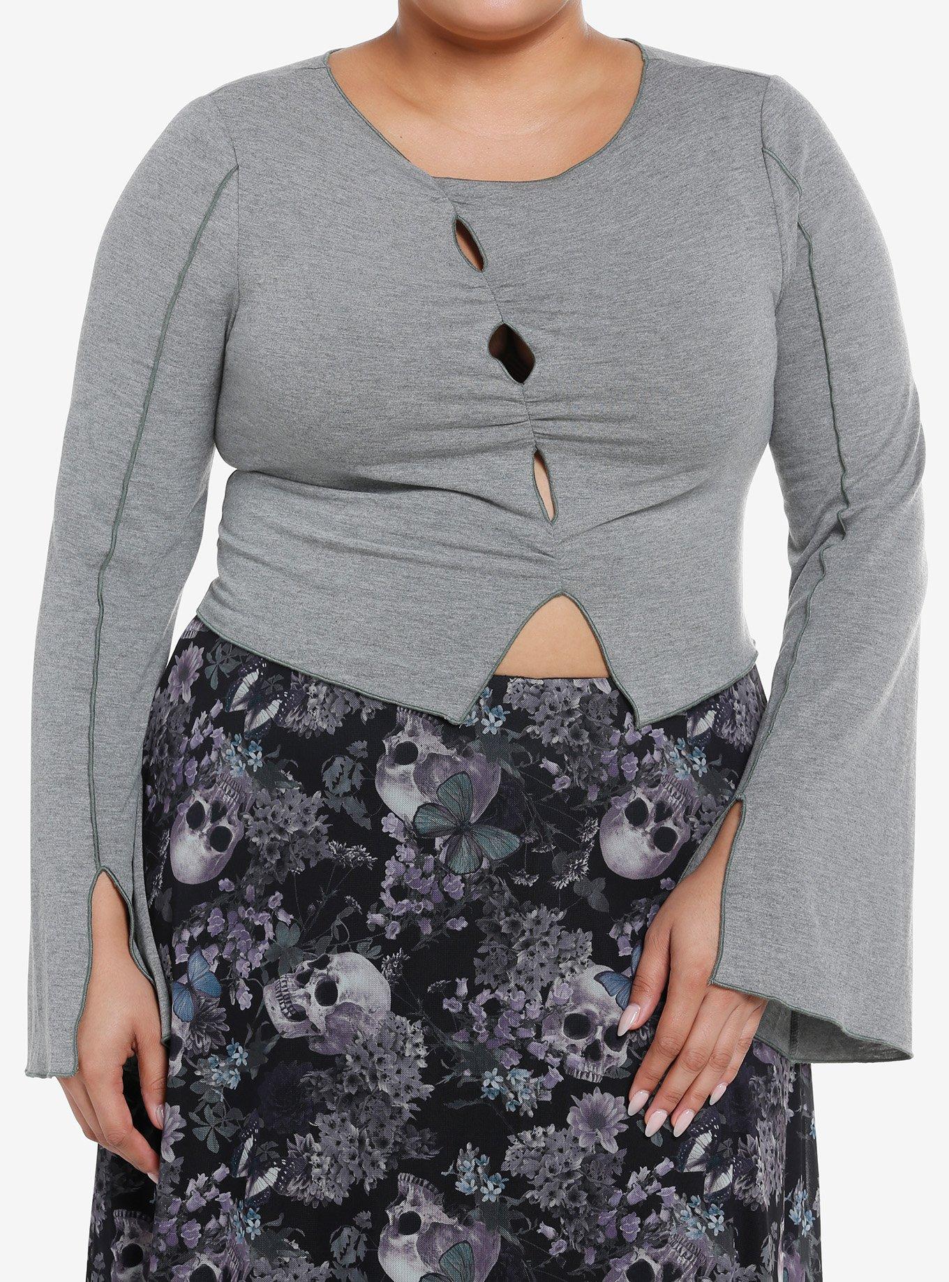 Thorn & Fable Grey & Green Bell Sleeve Girls Long-Sleeve Top Plus Size, GREEN, hi-res
