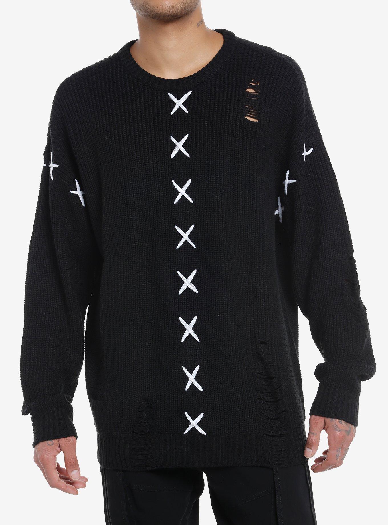 Black Contrast Stitch Destructed Knit Sweater, , hi-res