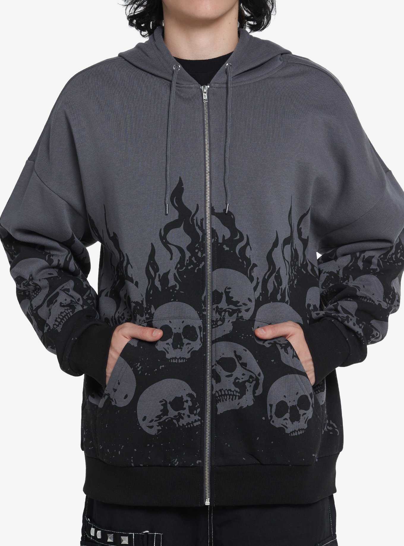 Black & Grey Skull Flame Hoodie, , hi-res