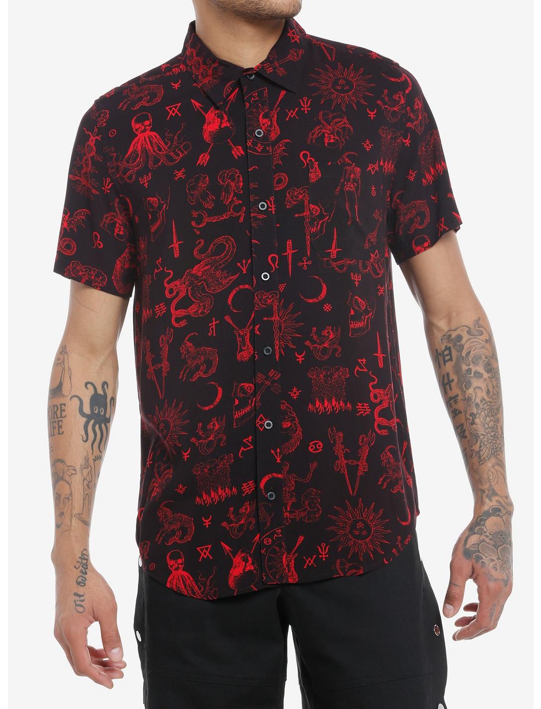 Social Collision Ancient Monsters Allover Print Woven Button-Up, RED, hi-res